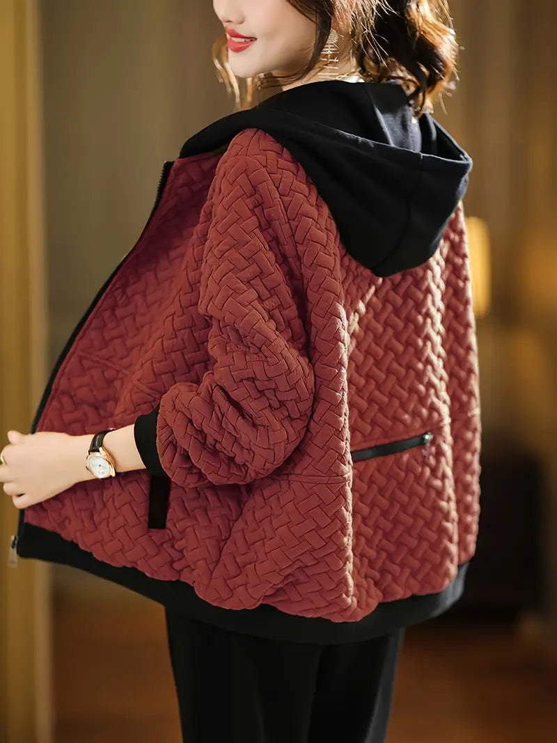 Women's quilted zip hoodie jacket, basketweave texture, black contrast hood and cuffs, insulated layering