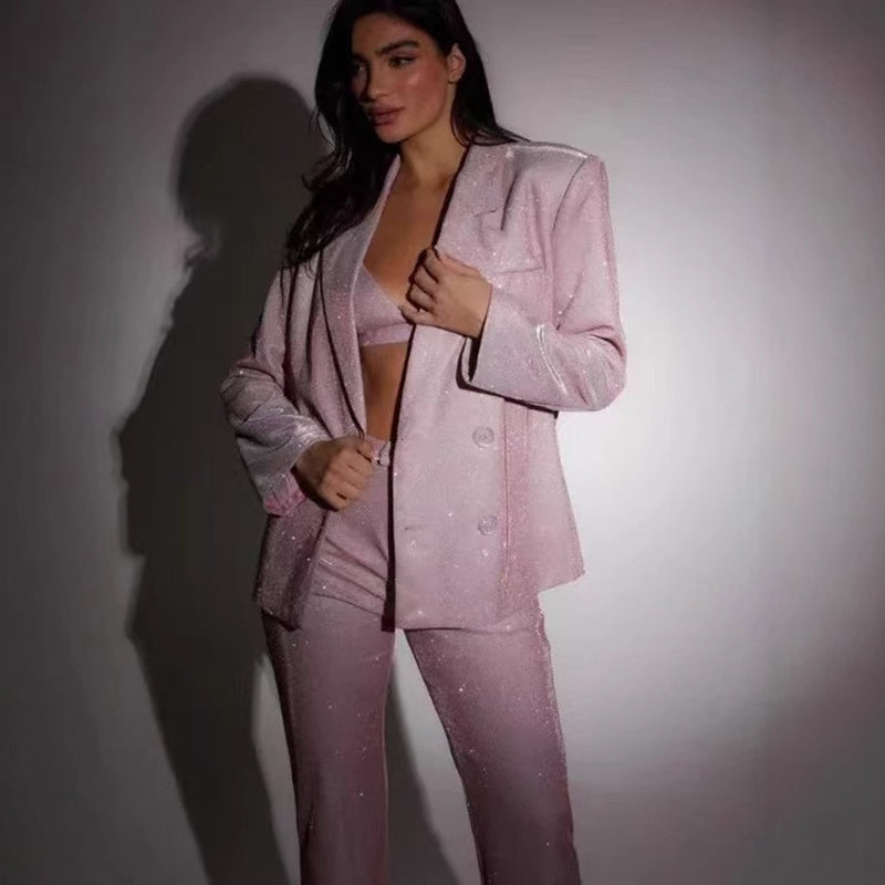 Women's sequined blazer suit set with lapels and straight-cut pants, elegant party look
