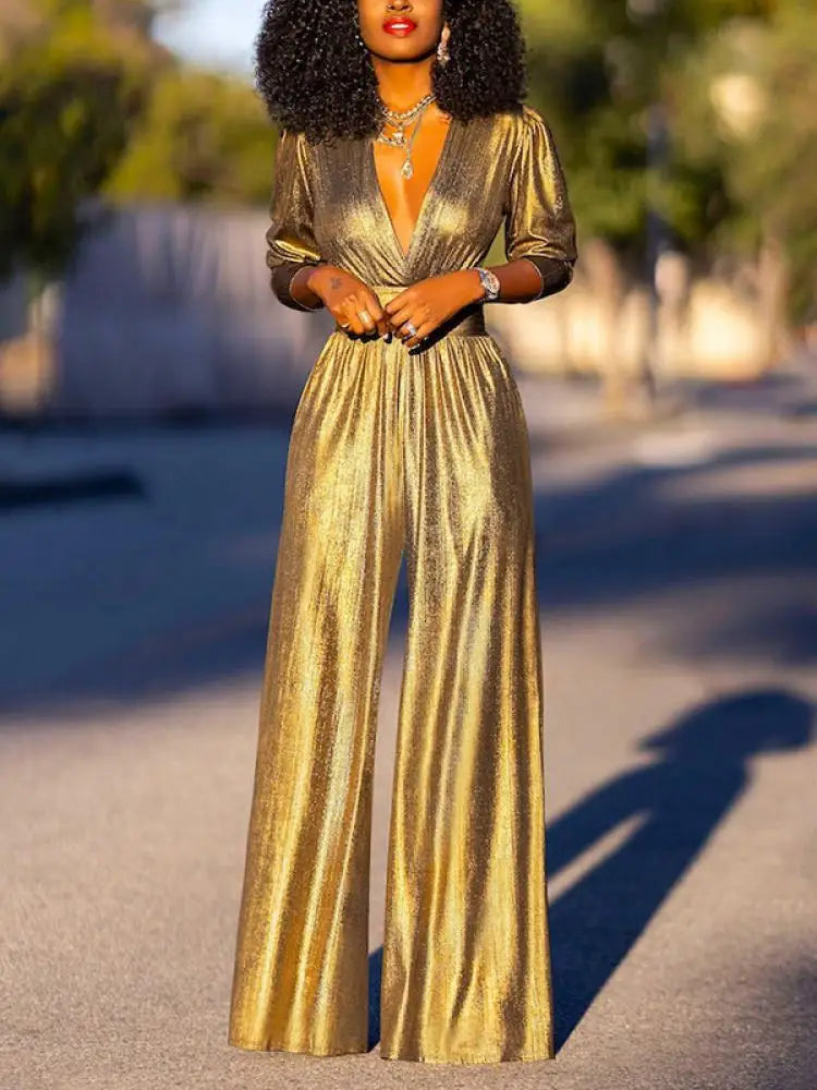 Women's black shiny wide-leg jumpsuit with V-neckline elegant formal evening silhouette