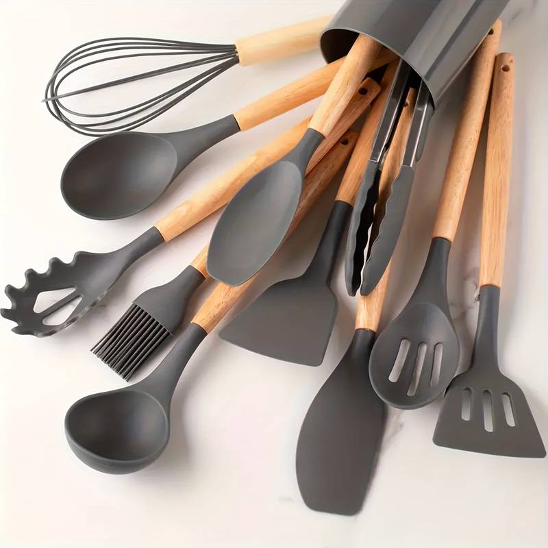 Minimalist 12-piece silicone and wood kitchen utensil set with soft heads safe for nonstick cookware