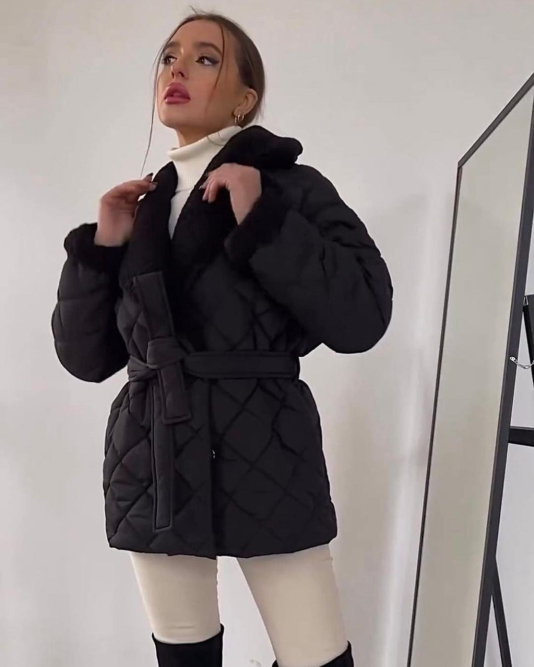 Women's down jacket beige lapel collar tie belt lightweight warm flattering silhouette