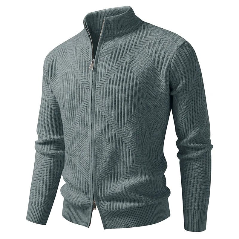Men's textured full-zip cardigan with ribbed cuffs, modern knit pattern for versatile smart-casual layering