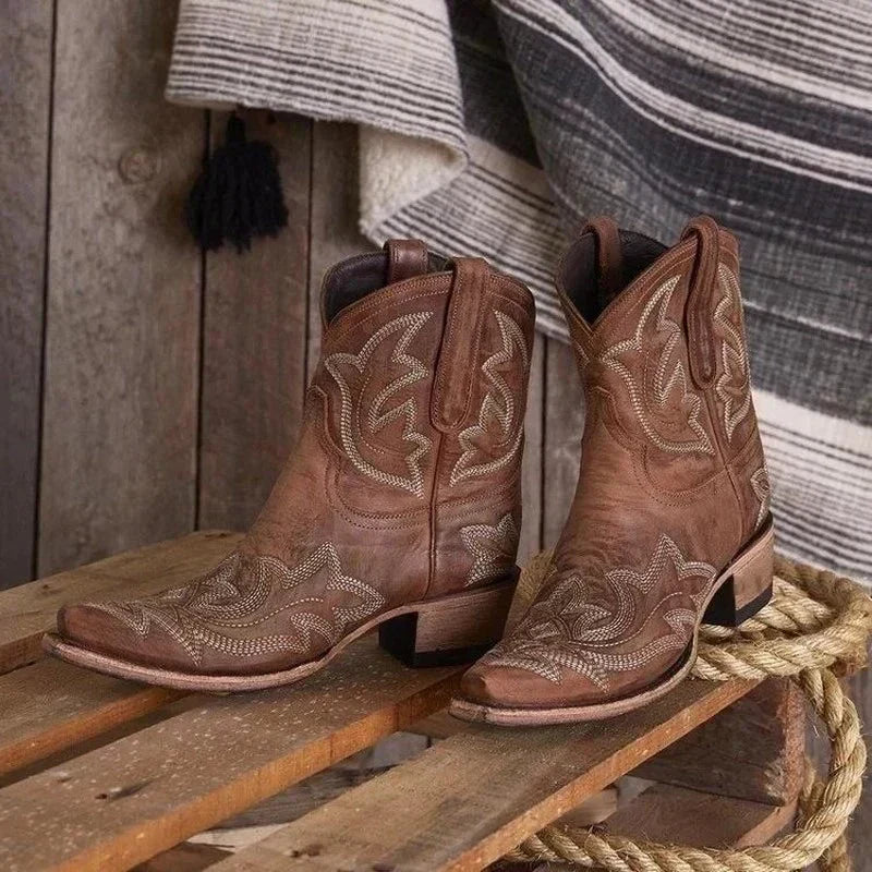 Bella women's brown leather short shaft cowboy boots with classic Western stitching for everyday wear