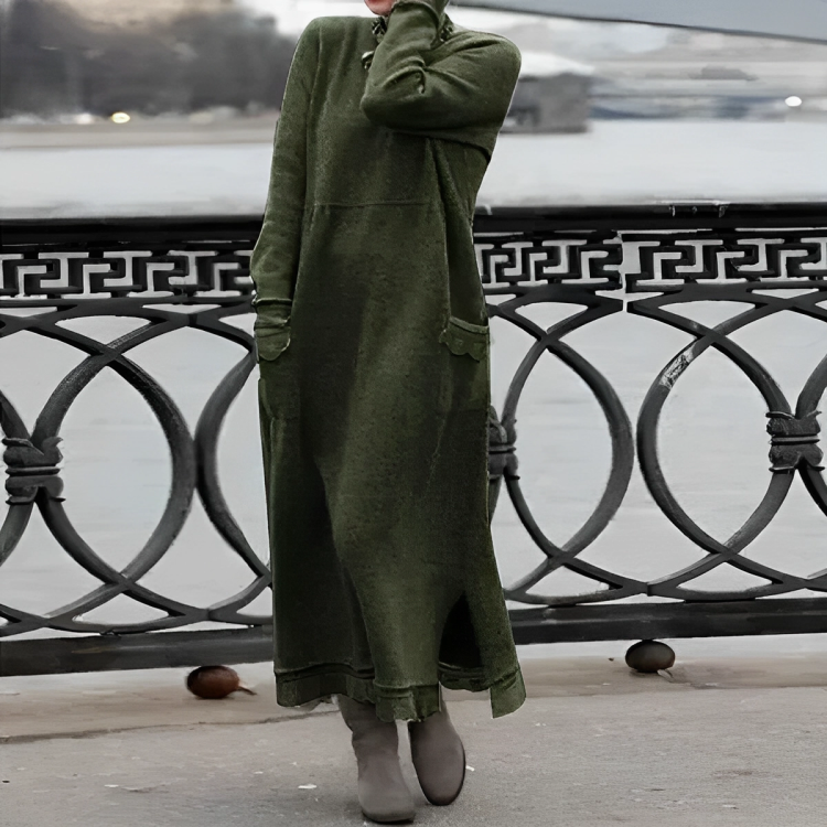 Women's black long sleeve knit maxi dress relaxed draped silhouette high neckline side slit pockets