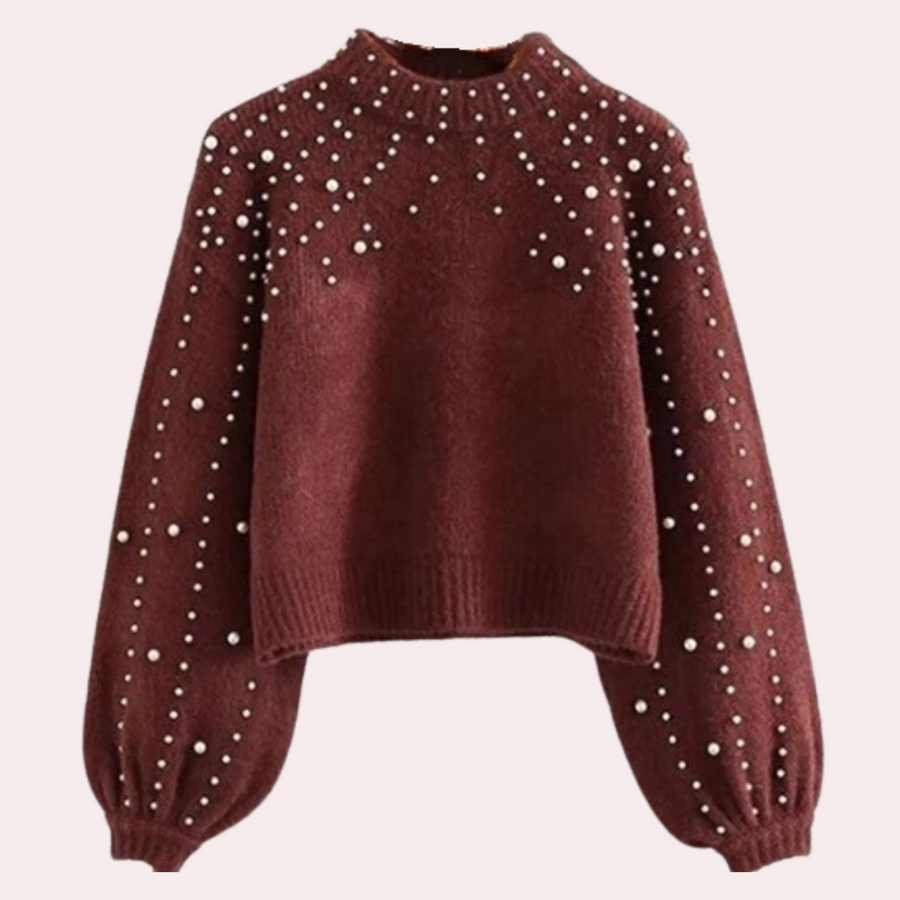 Women's pearl beaded round-neck knit sweater with delicate embellishment for elegant everyday style