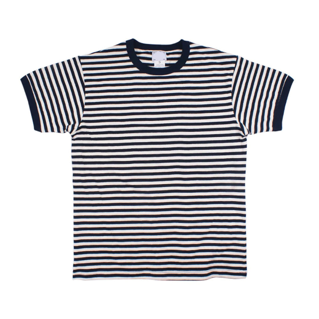 Striped cotton tee with color-blocked cuffs, contrast ribbing, crew neck, regular fit, modern collegiate style
