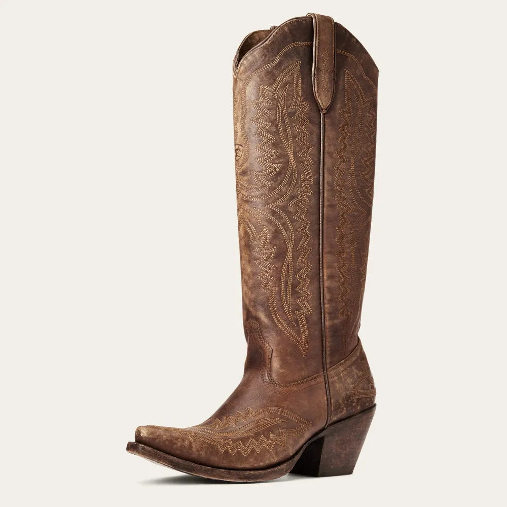 Women's western cowboy boots with embroidery, pointed toe, mid heel, and easy pull tabs