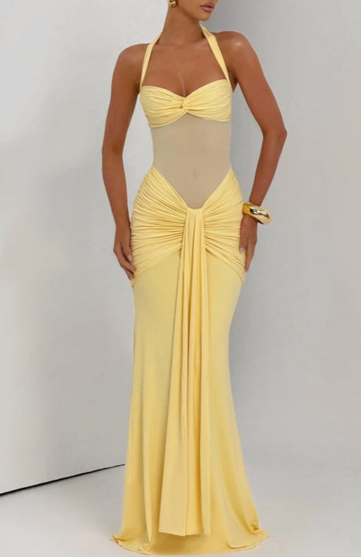 Black sheer panel halter evening gown with structured sweetheart bodice and sculpted silhouette