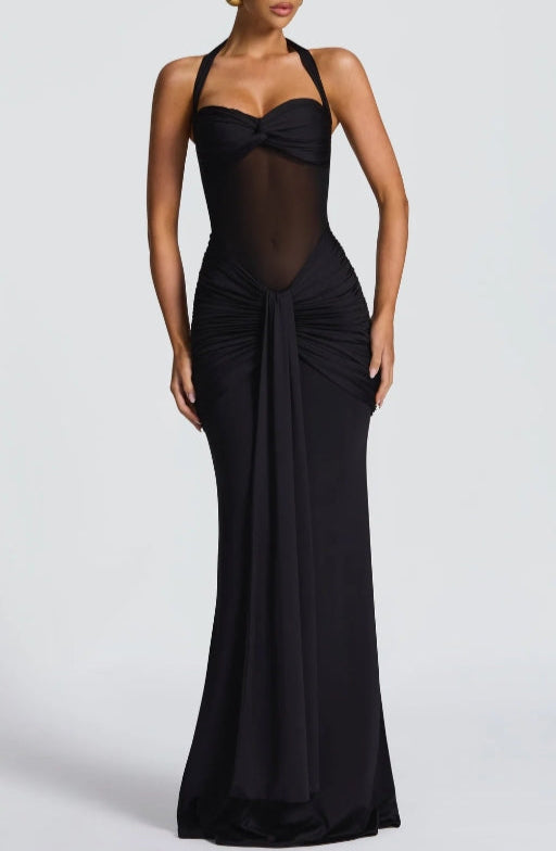 Black sheer panel halter evening gown with structured sweetheart bodice and sculpted silhouette