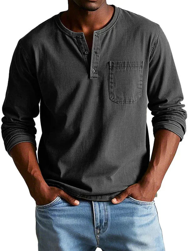 Men's casual long sleeve Henley shirt classic button-down collar relaxed fit breathable everyday top