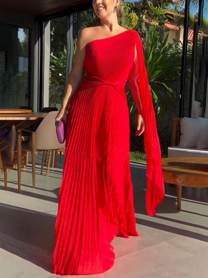 Women's off-shoulder pleated maxi dress with raglan sleeves, elegant flowing silhouette for formal events