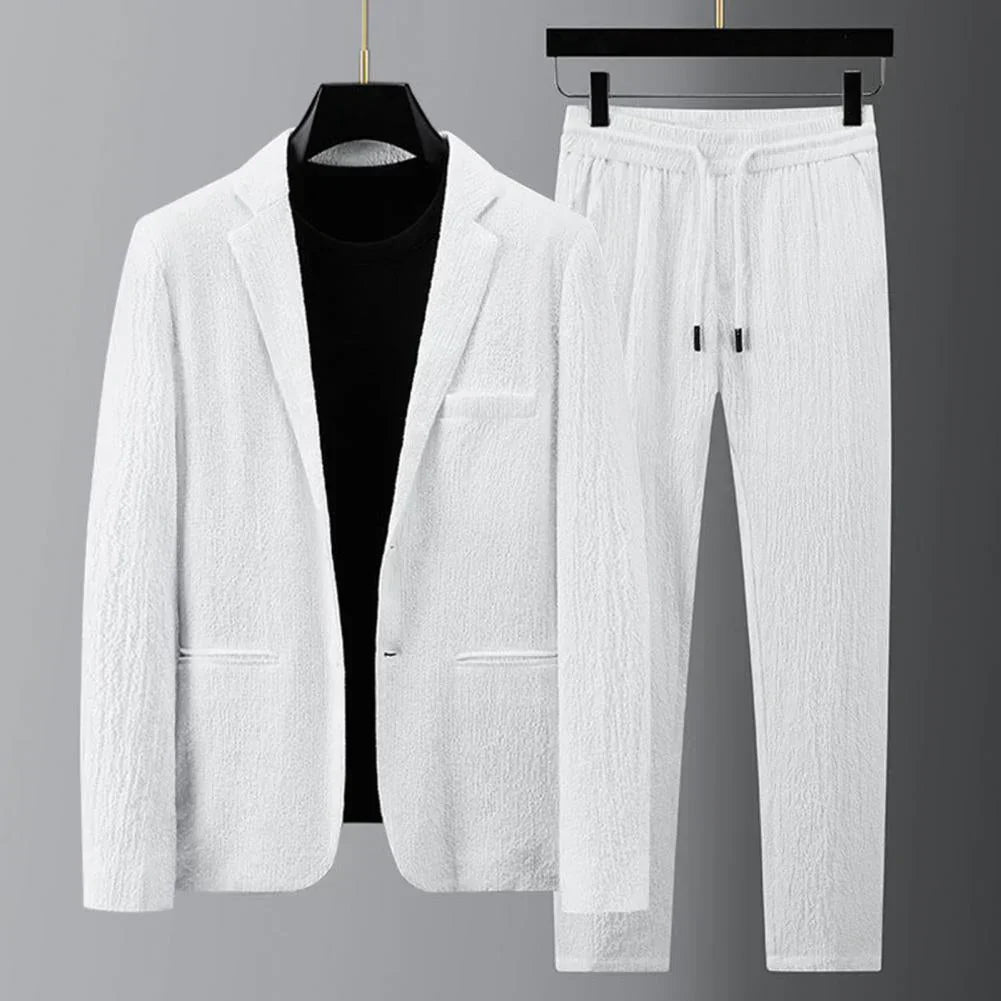Men's striped blazer and drawstring pants set tailored cut with movement pleat for office to casual wear