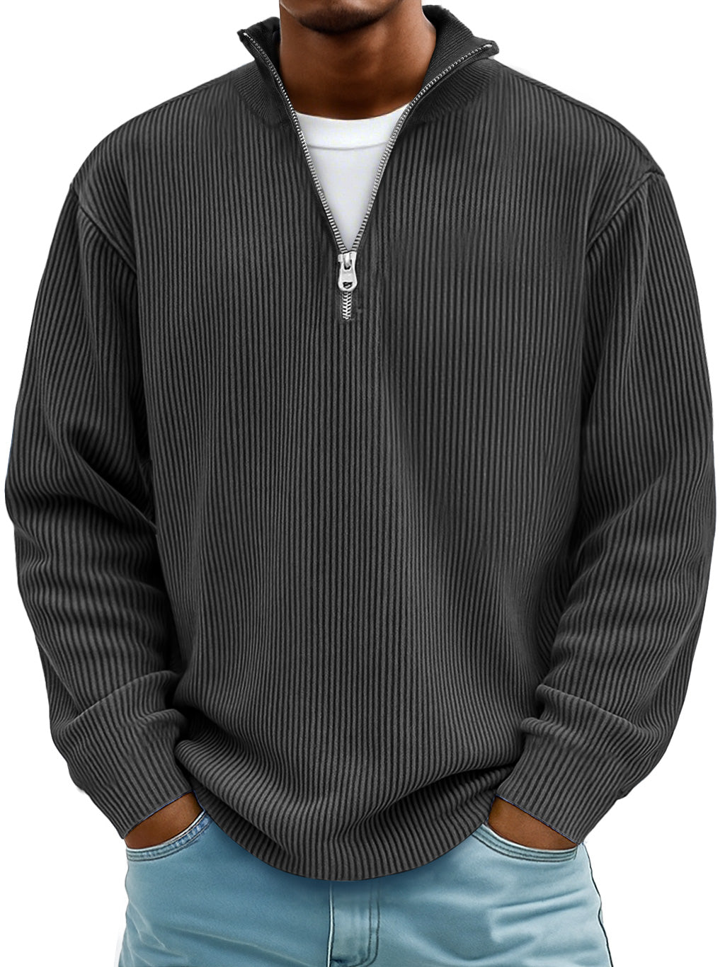 Men's ribbed half-zip winter sweater in neutral tone, modern slim fit with textured knit detail