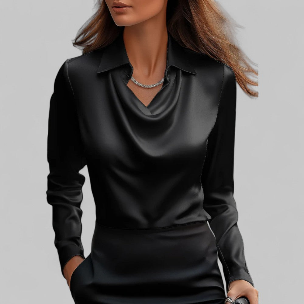 Women's ivory satin blouse with draped fluid silhouette, structured collar, and polished everyday elegance