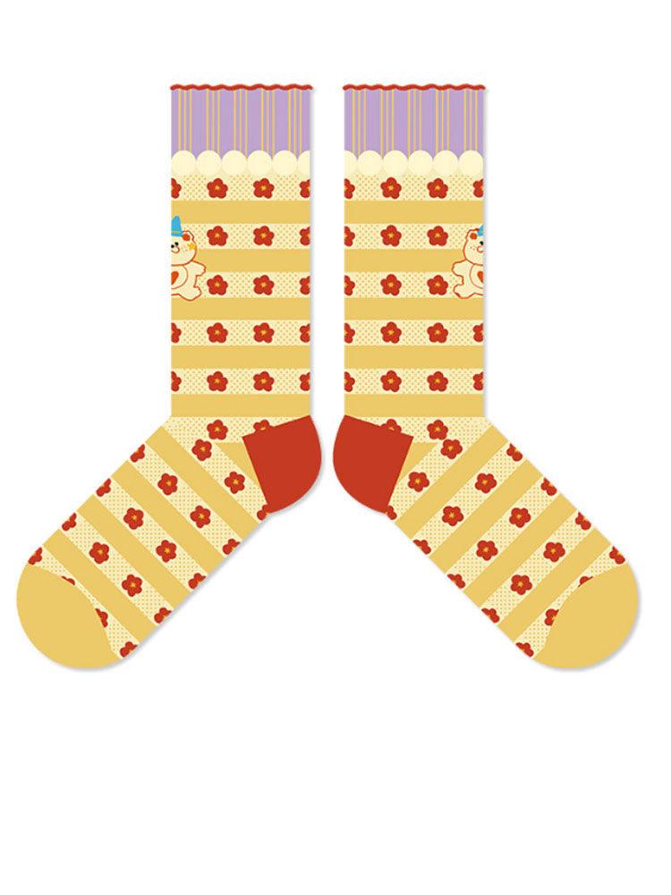 Kids striped socks with cartoon red flower motifs, soft breathable knit, whimsical boho style