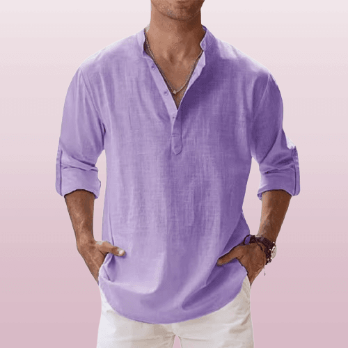 Men's linen blend Henley shirt, regular fit long sleeve with button placket, breathable casual style