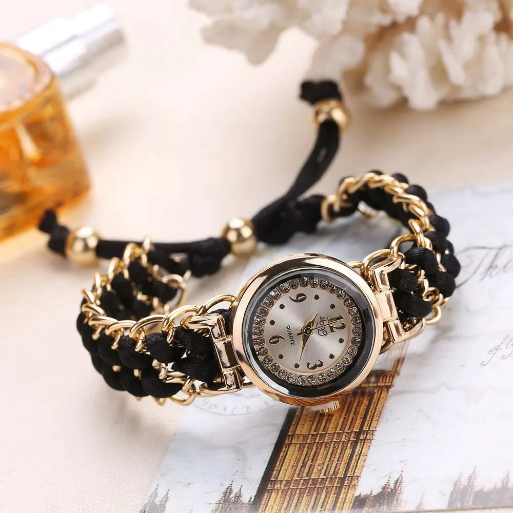 Athena women's quartz watch gold bezel crystal dial braided cord band adjustable strap