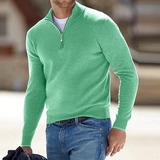 Soft knit sweater half-zip high collar loose fit casual everyday warmth versatile layering style