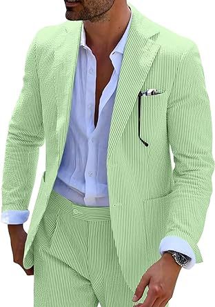 Men's light blue seersucker two-piece suit slim fit jacket and trousers wrinkle-resistant breathable