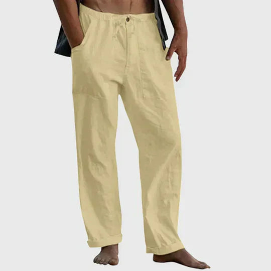 Women's beige linen drawstring casual pants relaxed fit breathable lightweight comfort everyday wear