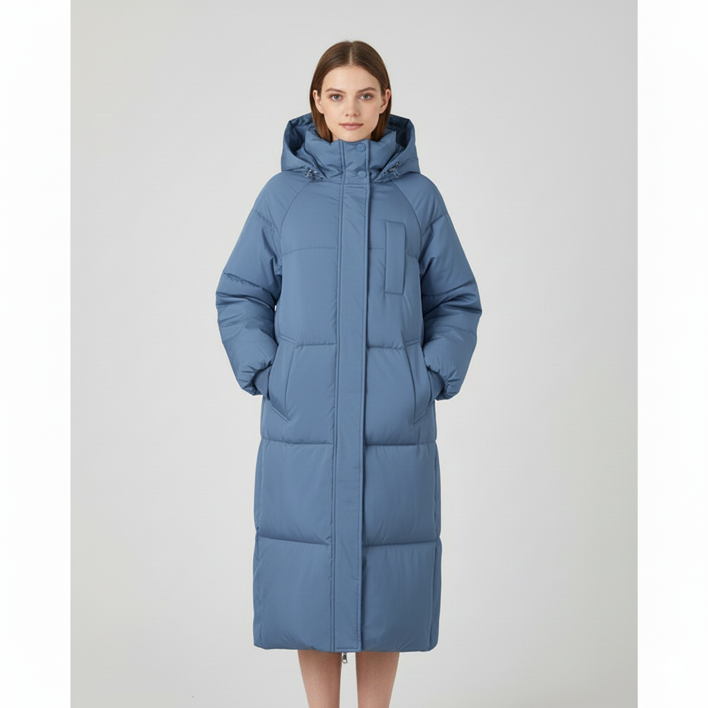 Women's mid-length oversized puffer coat with large hood, warm insulated cotton blend winter jacket