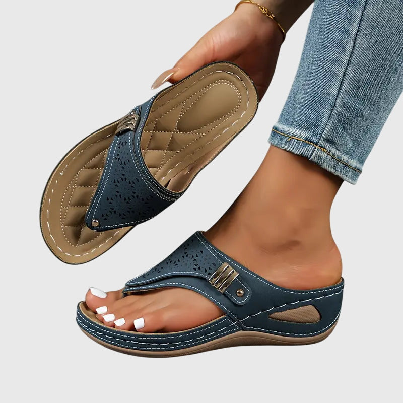 Cleo | Women's Wedge Toe Loop Sandals with Laser Cut Detail