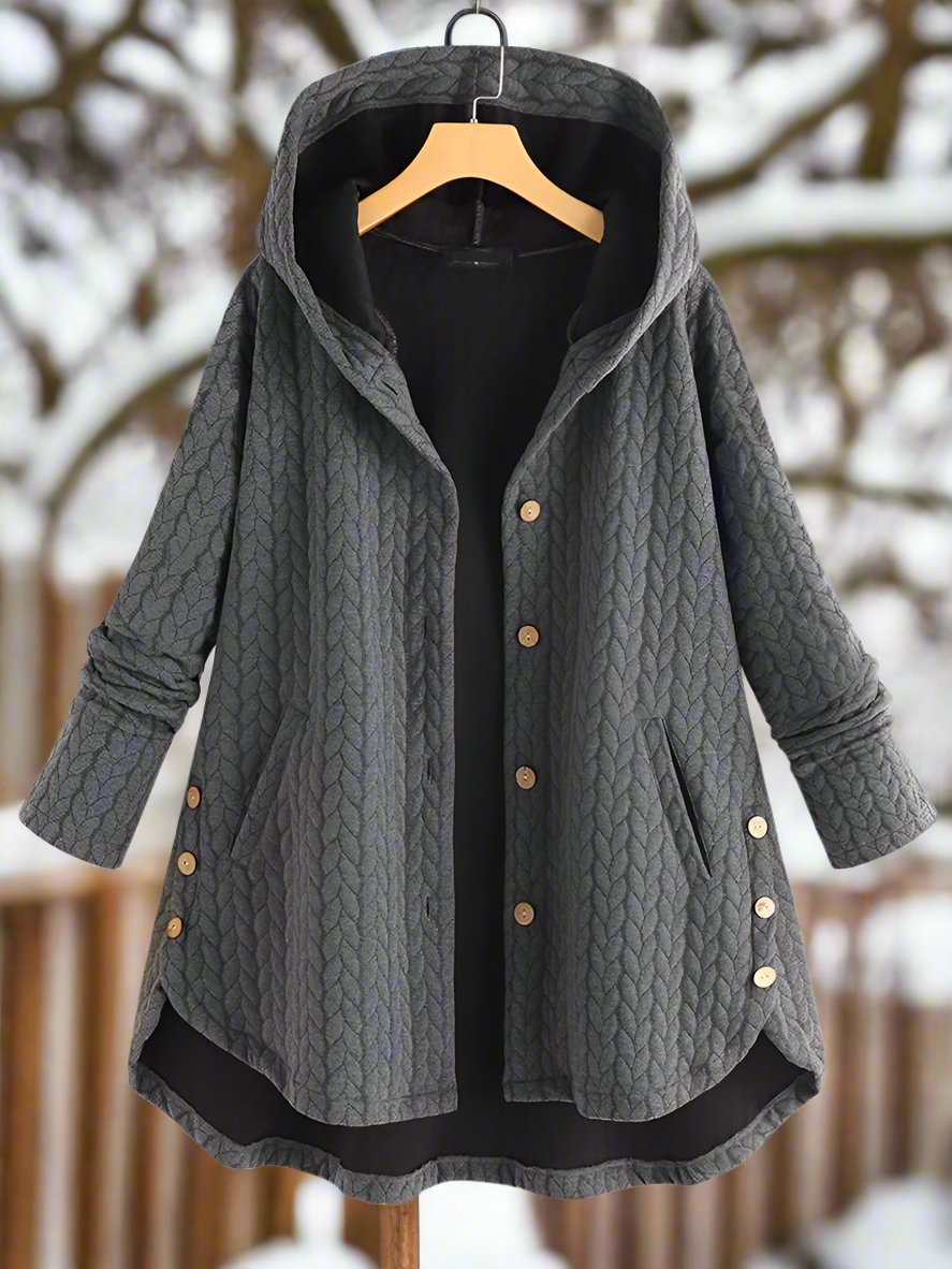 Women's quilted knit hooded jacket oversized fit asymmetrical hem neutral toned chic modern style