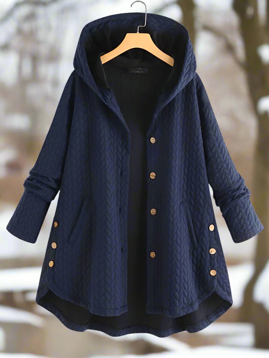 Women's quilted knit hooded jacket oversized fit asymmetrical hem in neutral tones