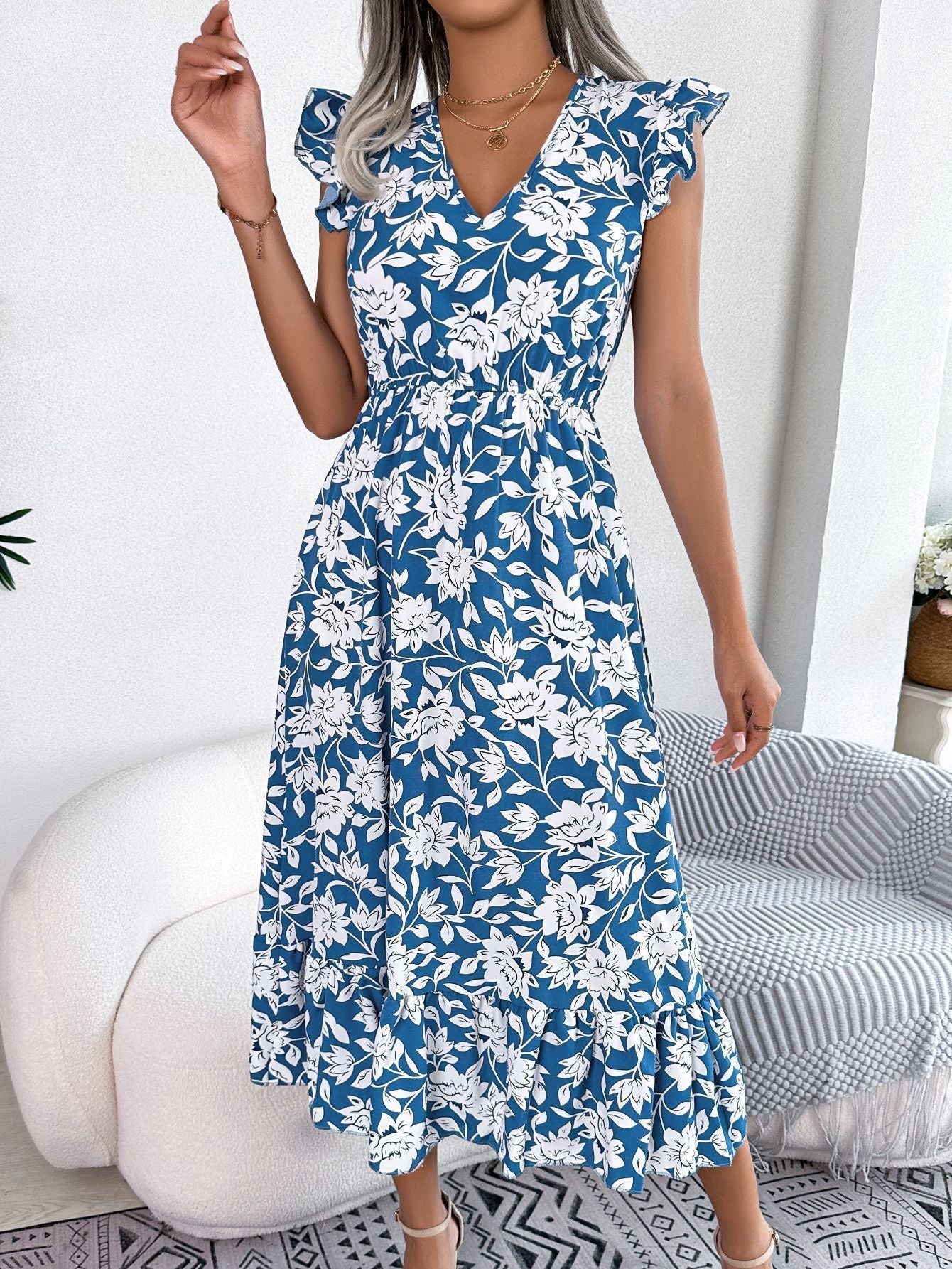 Floral chiffon midi dress flutter sleeves defined waist dark blue lightweight women casual chic