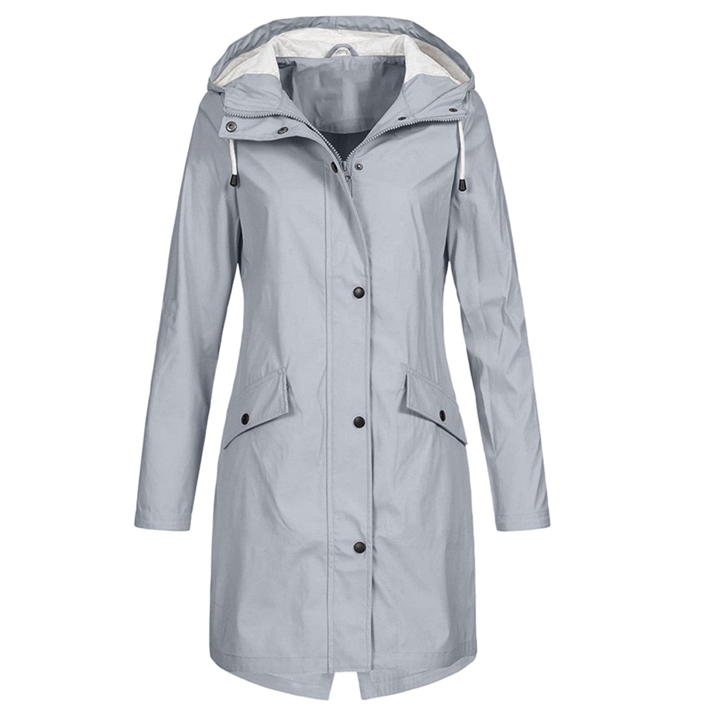 Women's hooded mid-length rain jacket elegant feminine cut light weather protection