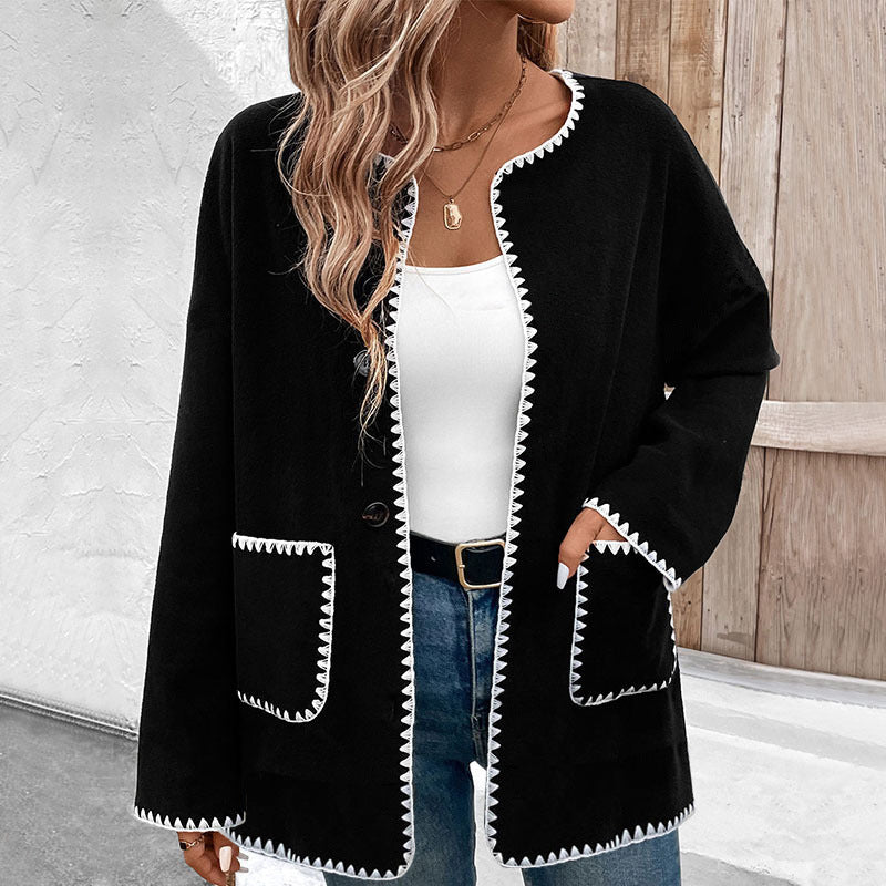 Women's oversized colorblock fleece coat black orange white brown long sleeve with pockets
