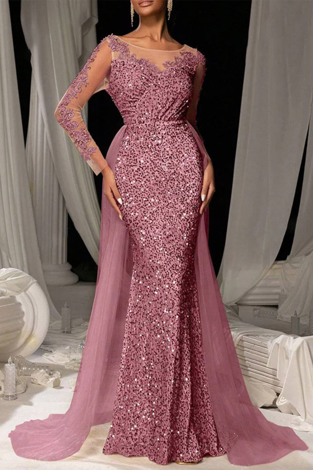 Dark brown sequined lace tulle mermaid maxi evening gown with dramatic overskirt flare