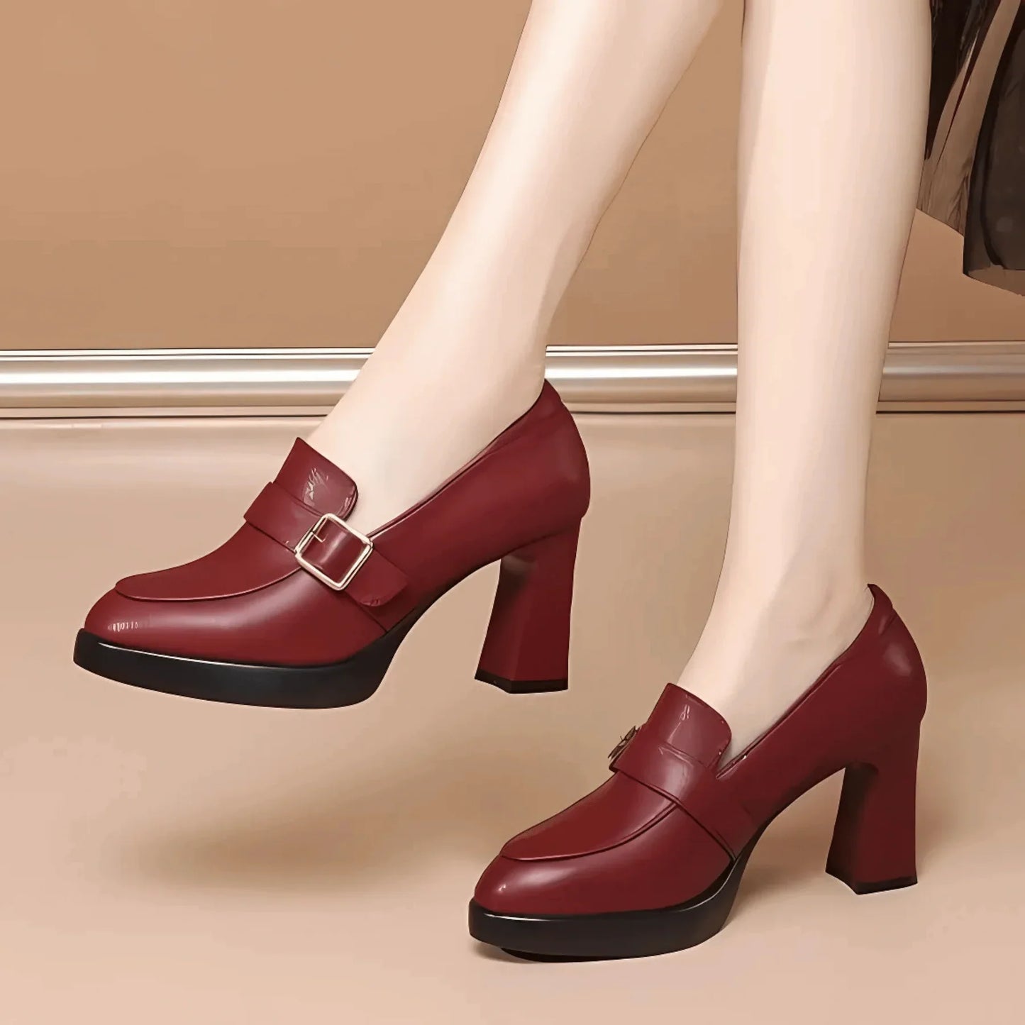 Women's elegant leather heels with adjustable buckle strap, polished formal stiletto in classic nude