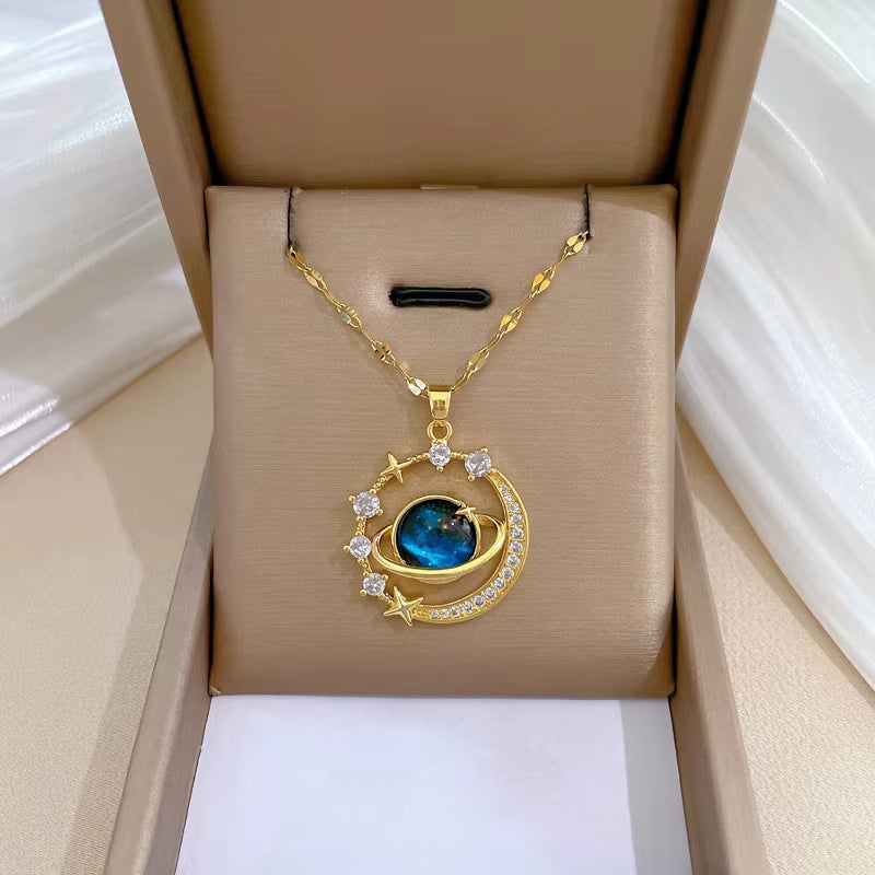 Celeste silver pendant necklace blue sunburst centerpiece celestial clavicle-length chain
