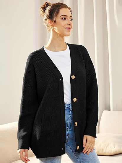 Women's oversized knit button cardigan cozy ribbed V-neck layering essential for fall