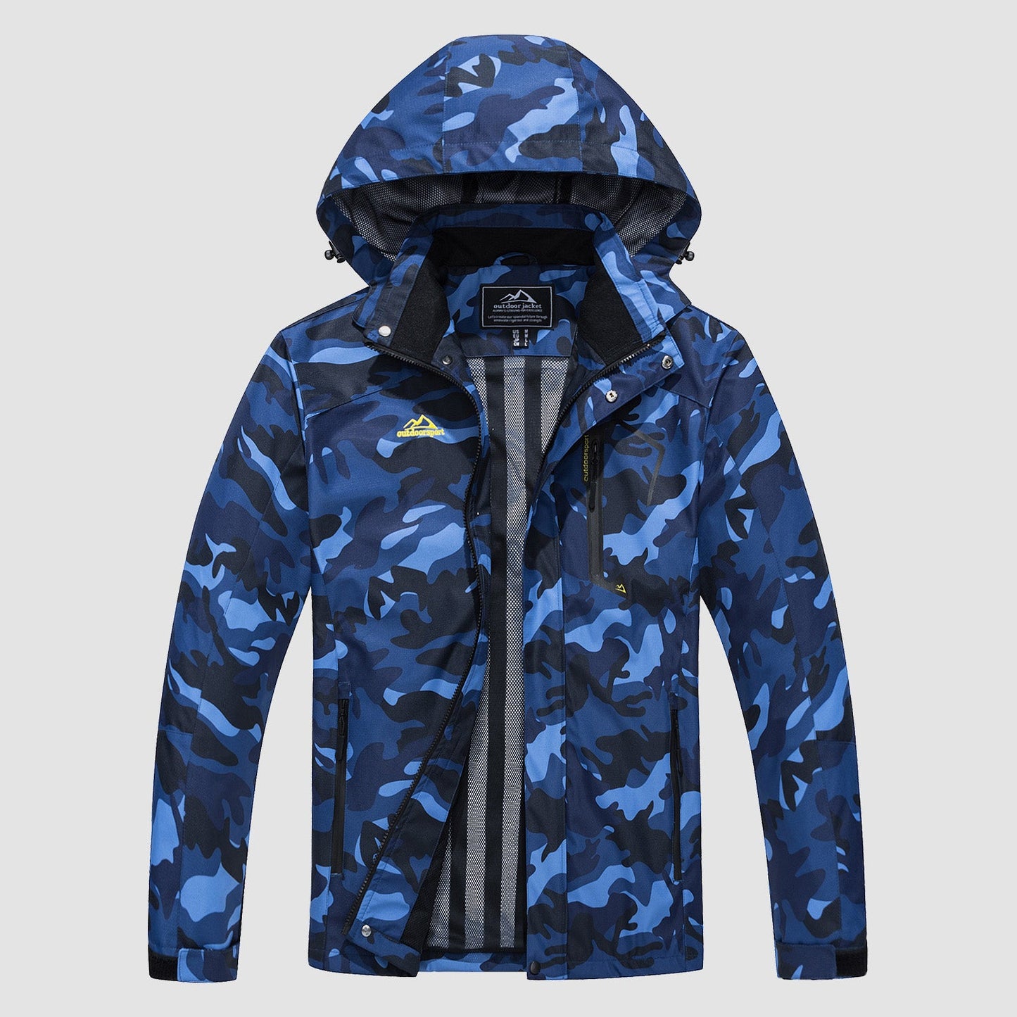 Men's ultralight waterproof rain jacket olive green slim fit detachable hood breathable mesh lining hiking