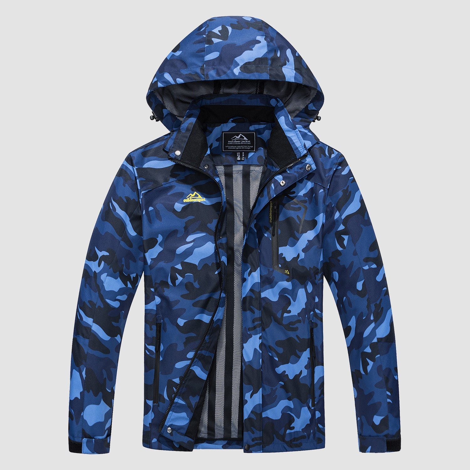 Men's ultralight waterproof rain jacket olive green slim fit detachable hood breathable mesh lining hiking