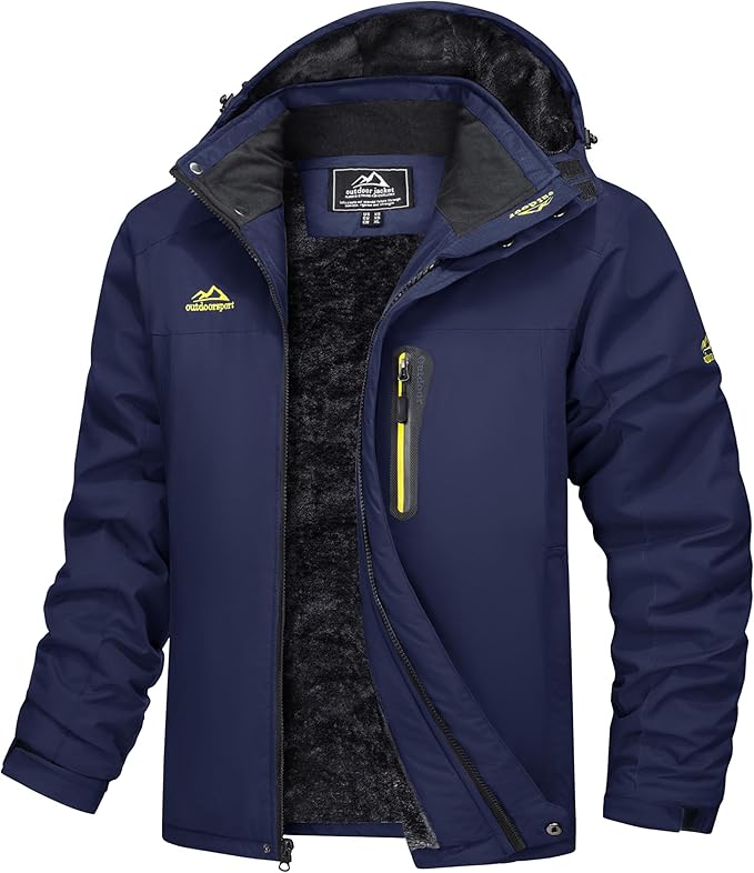 Men's waterproof windproof parka with fleece lining, hooded outdoor hiking jacket