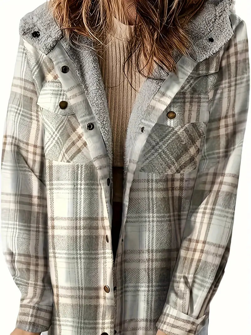 Women's checked hooded jacket long fitted silhouette cozy warm plaid pattern for daily elegance