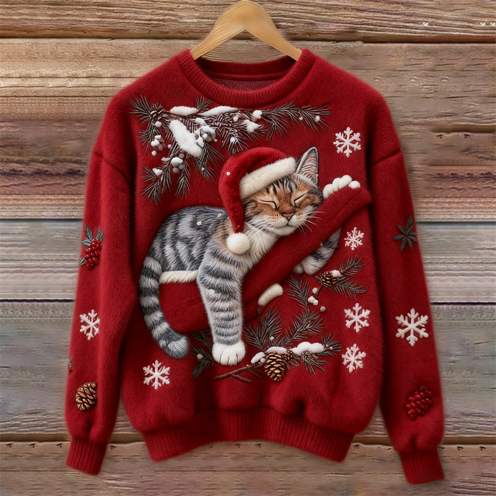 Cozy Christmas knit sweater with sleepy cat in Santa hat print, warm festive holiday style