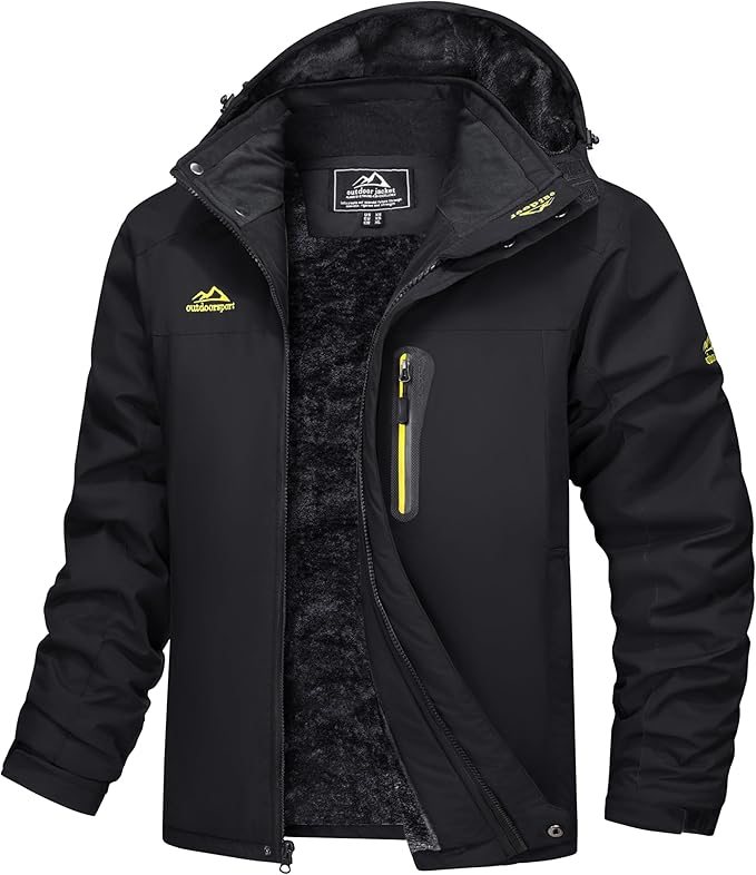 Men's waterproof windproof parka with fleece lining, hooded outdoor hiking jacket