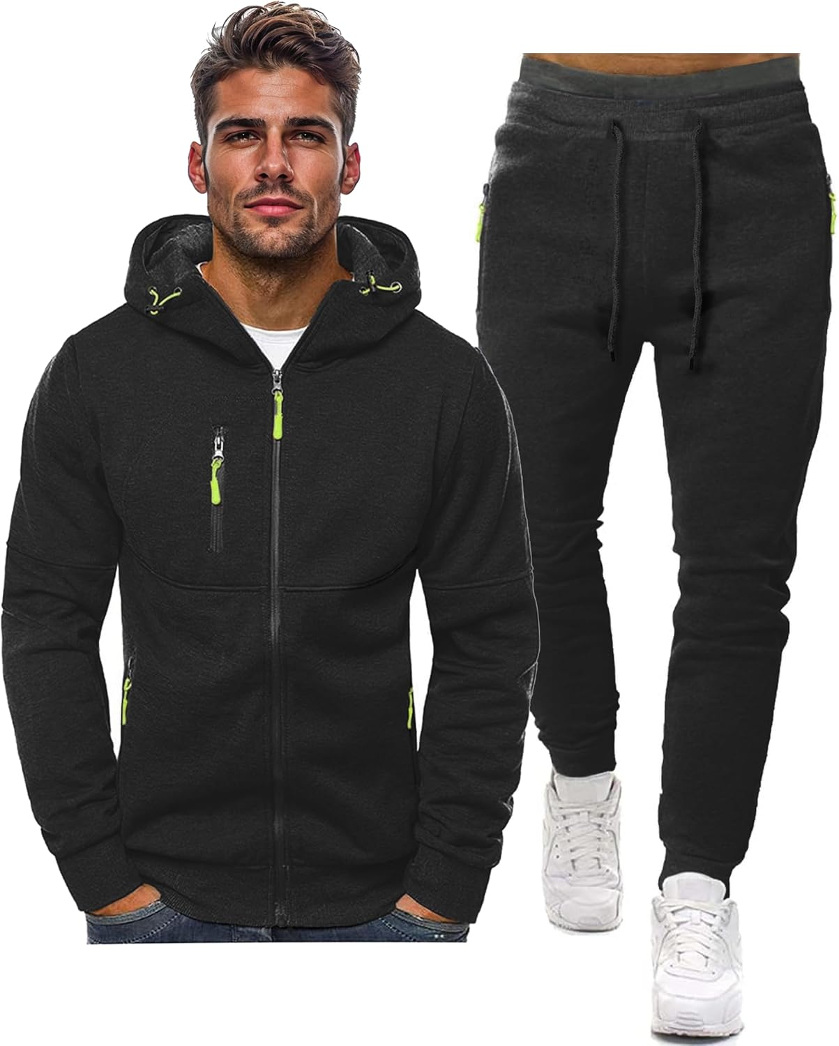 Men's gray zip-up hoodie tracksuit set with jogger pants, drawstring hood and zippered pockets