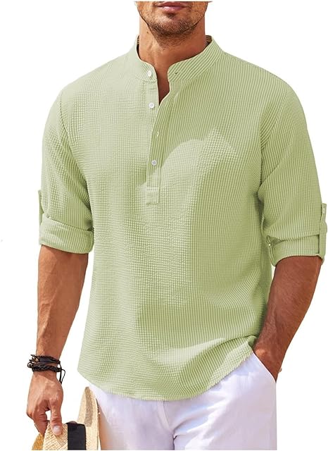 Men's lightweight cotton band collar shirt relaxed fit breathable casual everyday wear mandarin collar
