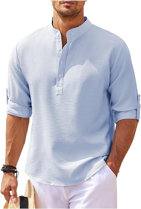 Men's lightweight cotton band collar shirt relaxed fit breathable casual everyday wear mandarin collar