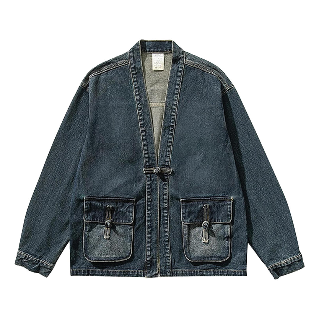 Aged wash denim kimono jacket open front streetwear style with utility pockets vintage silhouette