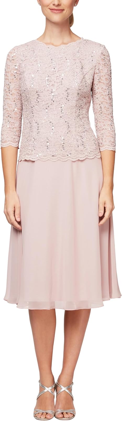 Alex Evenings knee-length mother of the bride formal gown with 3/4 sleeves and soft cup inserts