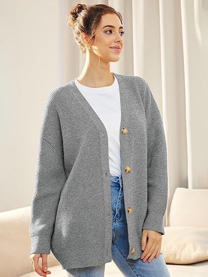 Women's oversized knit button cardigan cozy ribbed V-neck layering essential for fall and winter