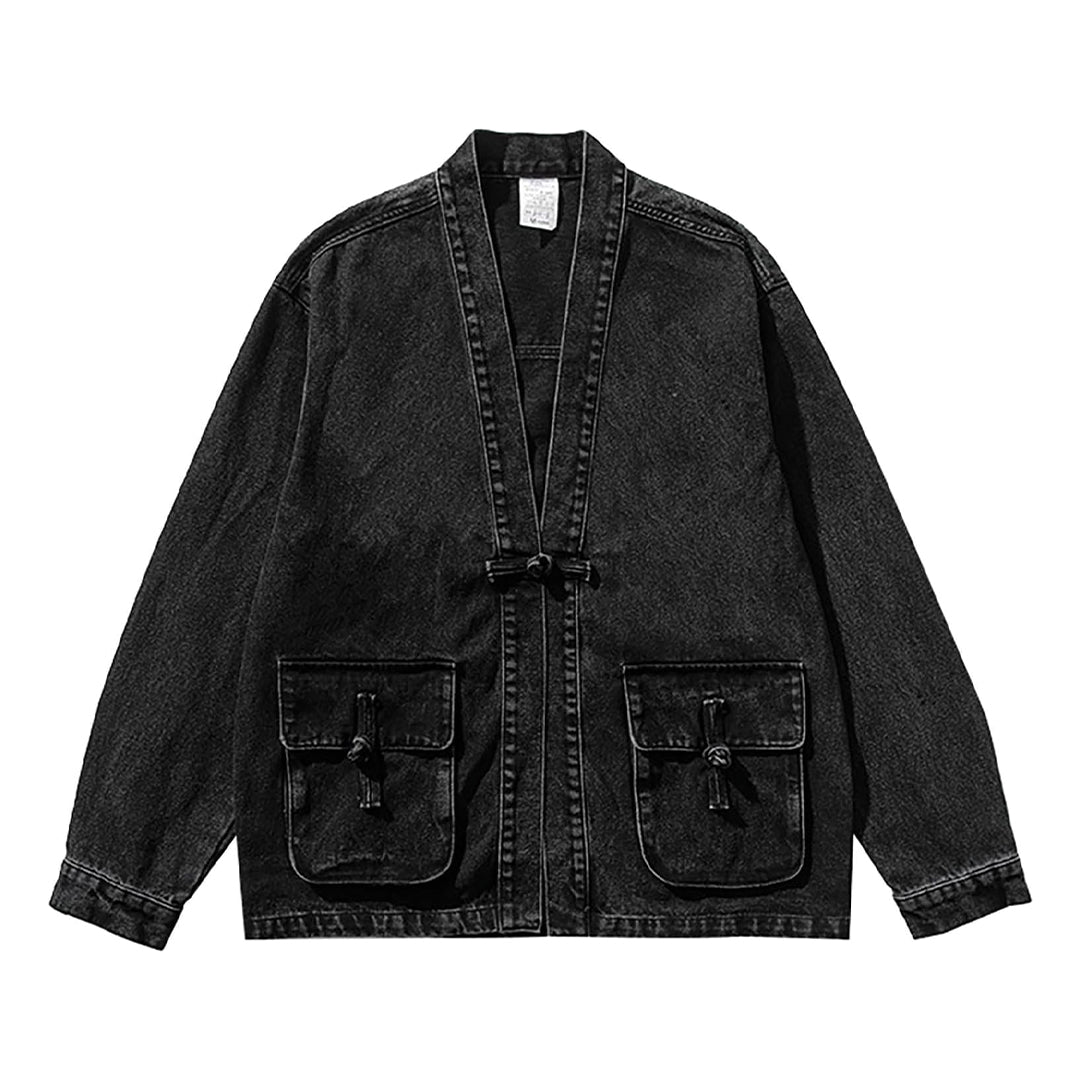 Aged wash denim kimono jacket open front streetwear style with utility pockets vintage relaxed fit