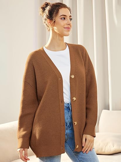 Women's oversized knit button cardigan cozy ribbed V-neck layering essential for fall winter