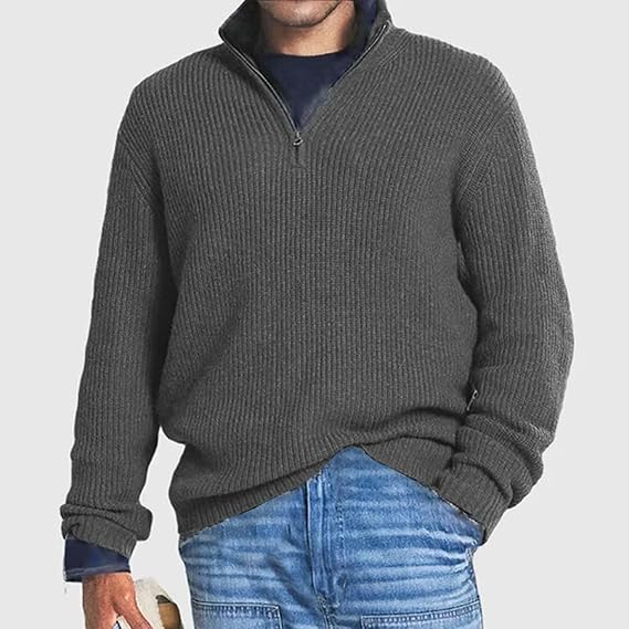 Men's ribbed half-zip jumper long sleeves loose fit versatile knit layering top